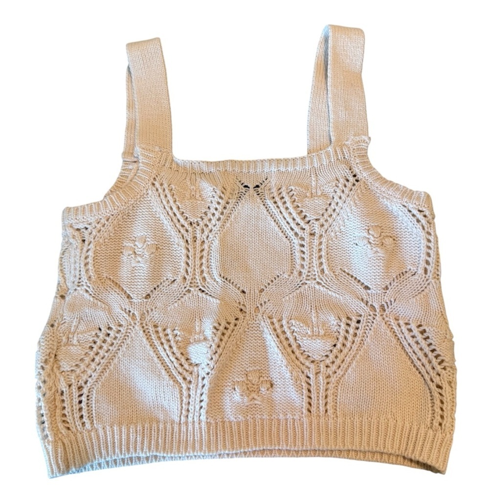 Pink Rose Cream Knit Cropped Tank with Purple Floral Accents - Picture 3 of 6